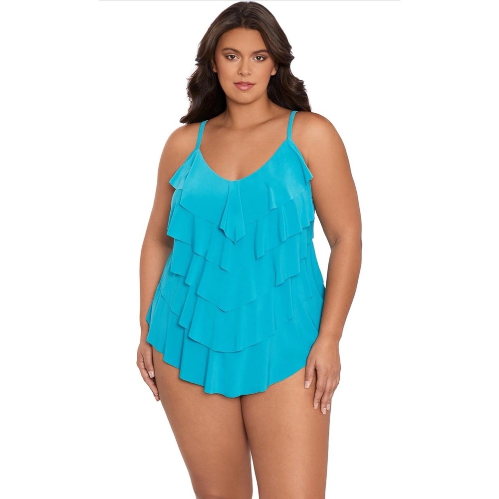 Women's Size 24W Trimshaper Ruffle Tiered Swim Tankini Top Blue Turquoise